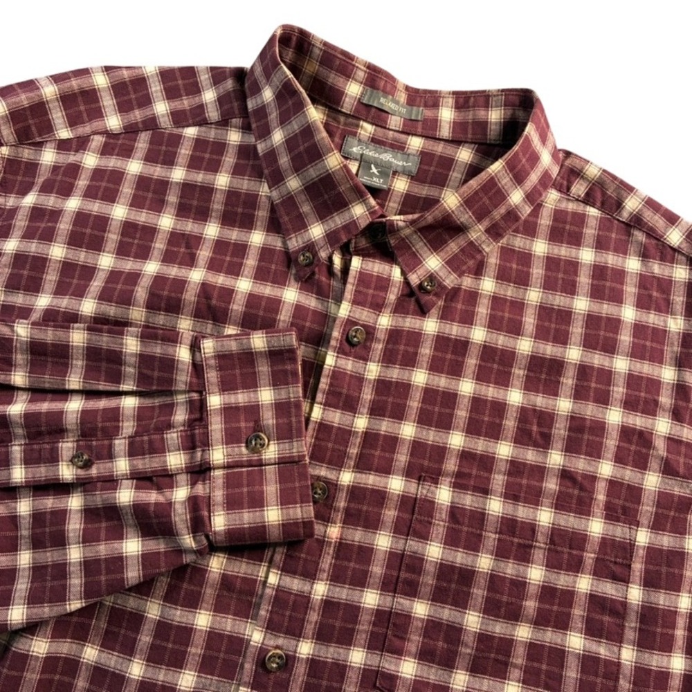 Eddie Bauer Men's Relaxed Fit Burgundy Plaid Long Sleeve Button Down Shirt XLT